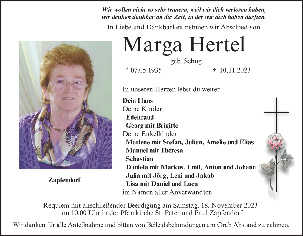  Traueranzeige für Marga Hertel vom 15.11.2023 aus MGO