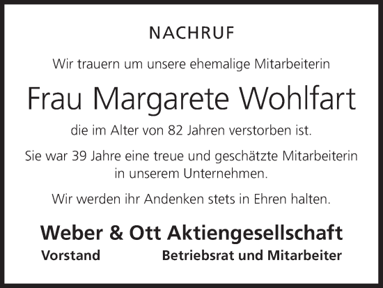 Anzeige von Margarete Wohlfart von MGO