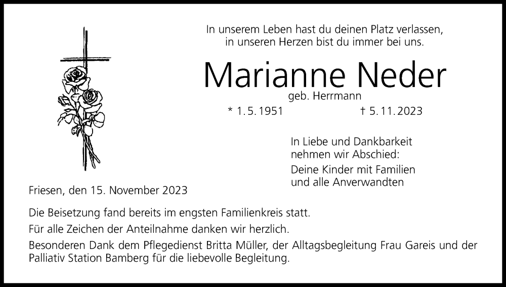  Traueranzeige für Marianne Neder vom 15.11.2023 aus MGO