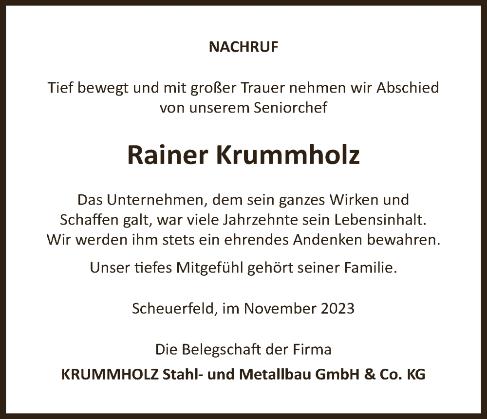  Traueranzeige für Rainer Krummholz vom 11.11.2023 aus MGO