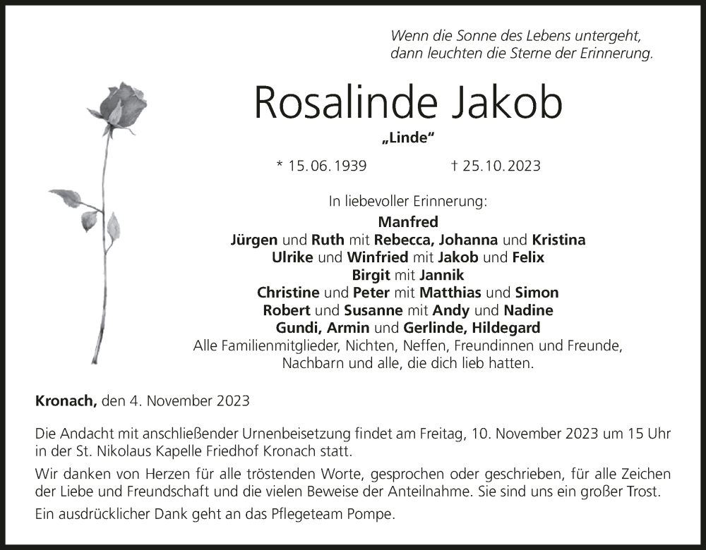  Traueranzeige für Rosalinde Jakob vom 04.11.2023 aus MGO