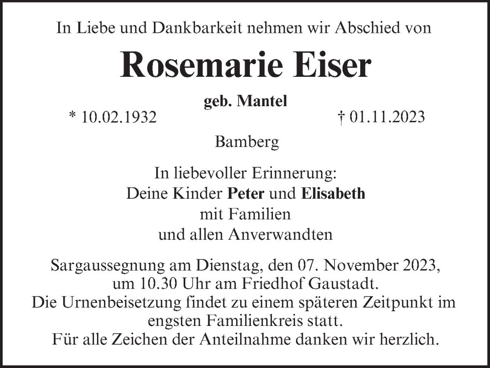  Traueranzeige für Rosemarie Eiser vom 04.11.2023 aus MGO