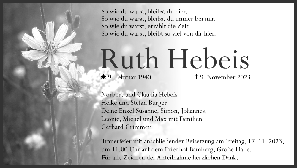  Traueranzeige für Ruth Hebeis vom 14.11.2023 aus MGO
