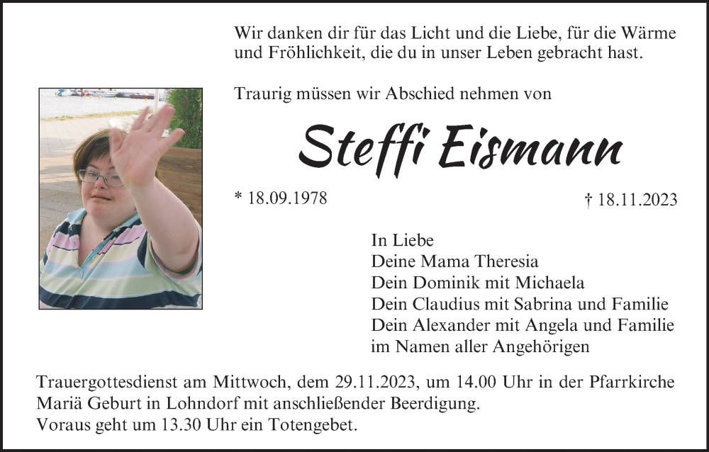  Traueranzeige für Steffi Eismann vom 25.11.2023 aus MGO