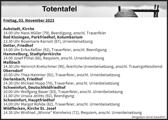 Anzeige von Totentafel vom 03.11.2023 von MGO