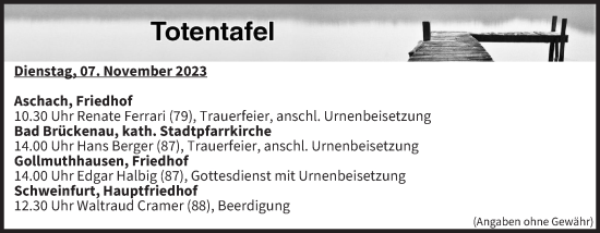 Anzeige von Totentafel vom 07.11.2023 von MGO