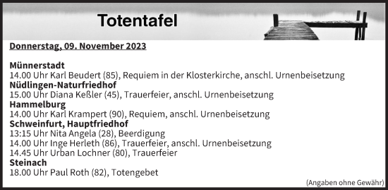 Anzeige von Totentafel vom 09.11.2023 von MGO