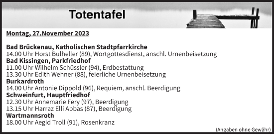 Anzeige von Totentafel vom 27.11.2023 von MGO
