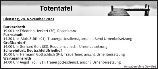 Anzeige von Totentafel vom 28.11.2023 von MGO