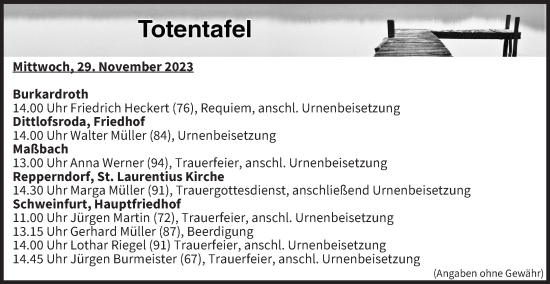 Anzeige von Totentafel vom 29.11.2023 von MGO