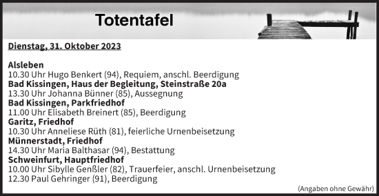 Anzeige von Totentafel vom 31.10.2023 von MGO