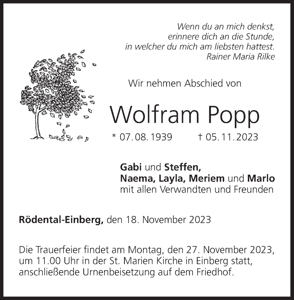  Traueranzeige für Wolfram Popp vom 18.11.2023 aus MGO