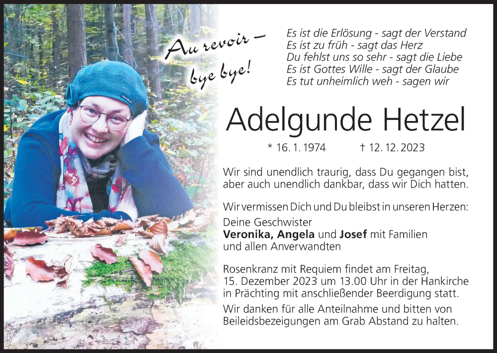  Traueranzeige für Adelgunde Hetzel vom 14.12.2023 aus MGO