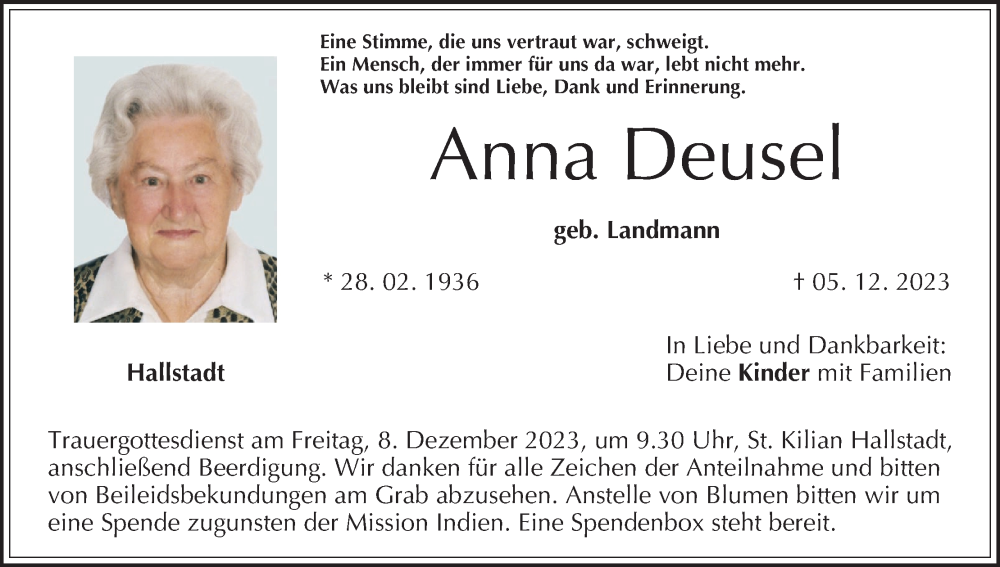  Traueranzeige für Anna Deusel vom 06.12.2023 aus MGO