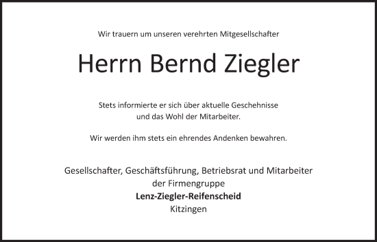 Anzeige von Bernd Ziegler von MGO