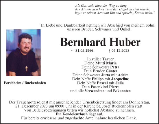 Bernhard Huber | Traueranzeige | Trauer.inFranken.de