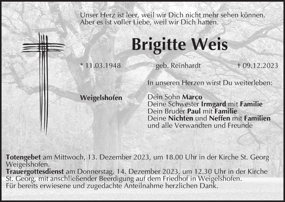  Traueranzeige für Brigitte Weis vom 12.12.2023 aus MGO