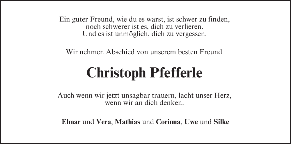  Traueranzeige für Christoph Pfefferle vom 09.12.2023 aus MGO