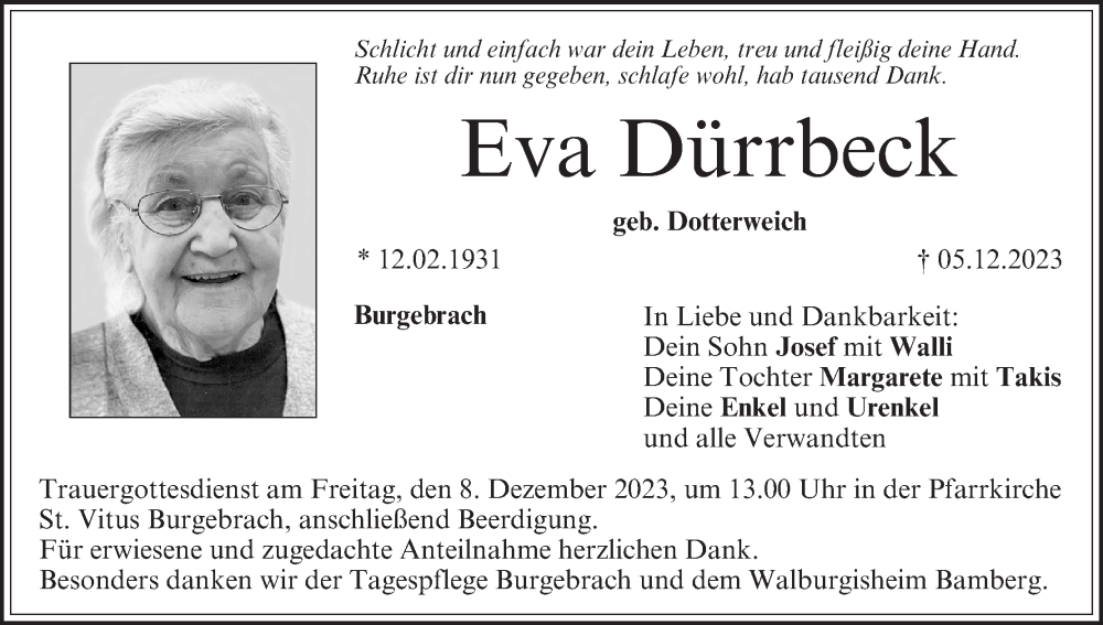  Traueranzeige für Eva Dürrbeck vom 06.12.2023 aus MGO