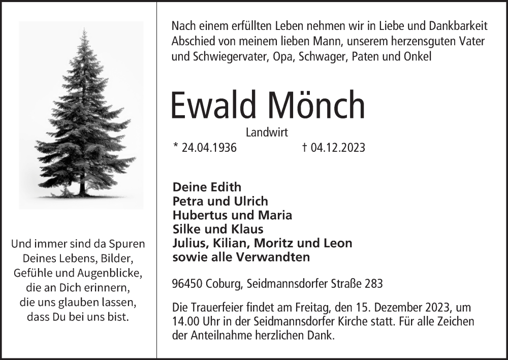  Traueranzeige für Ewald Mönch vom 09.12.2023 aus MGO