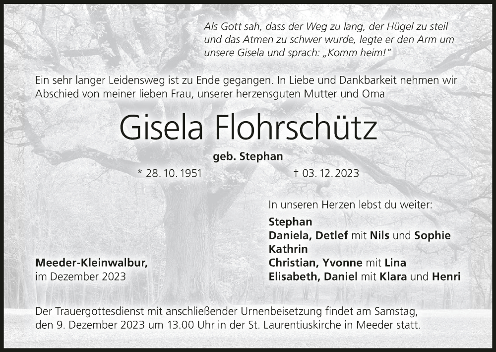  Traueranzeige für Gisela Flohrschütz vom 06.12.2023 aus MGO