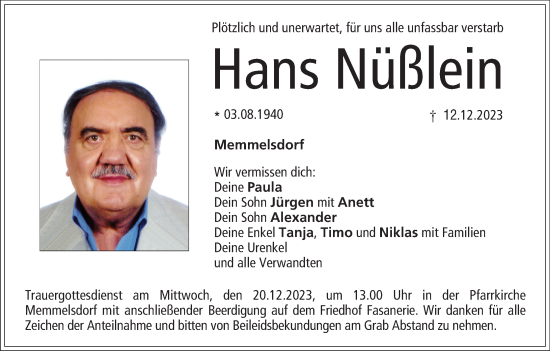 Hans Nüßlein | Traueranzeige | Trauer.inFranken.de