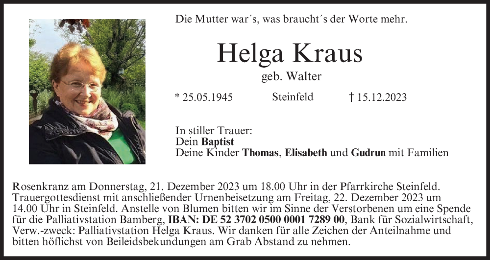  Traueranzeige für Helga Kraus vom 20.12.2023 aus MGO