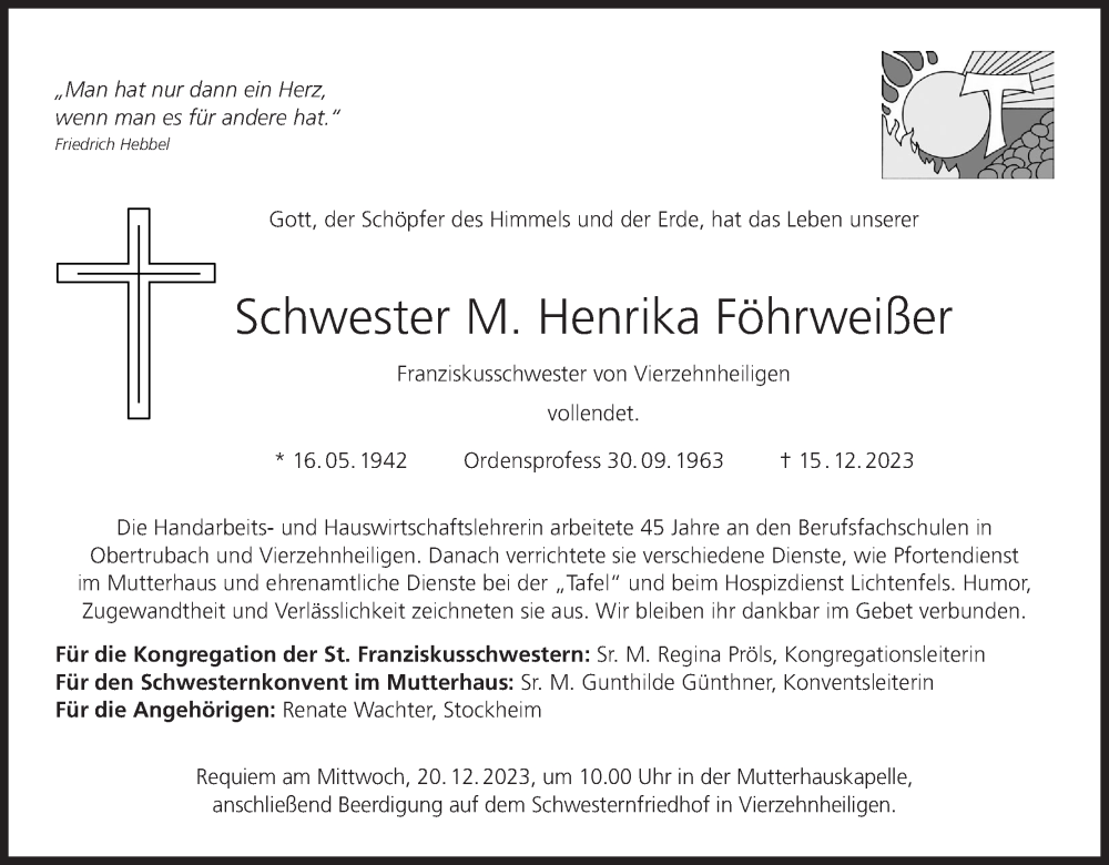  Traueranzeige für Henrika Föhrweißer vom 19.12.2023 aus MGO