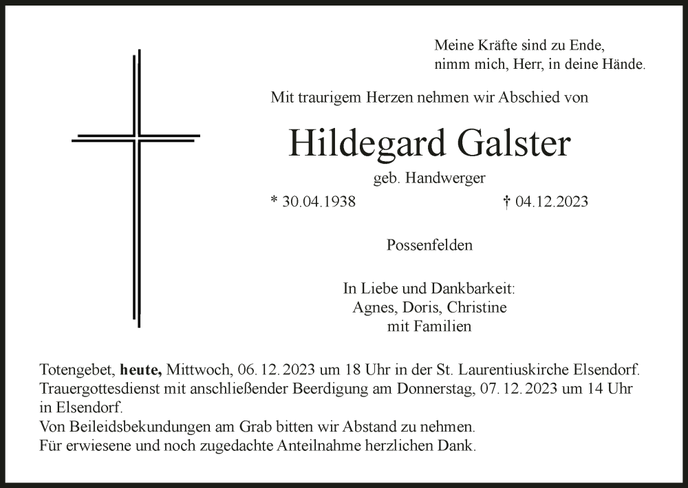  Traueranzeige für Hildegard Galster vom 06.12.2023 aus MGO
