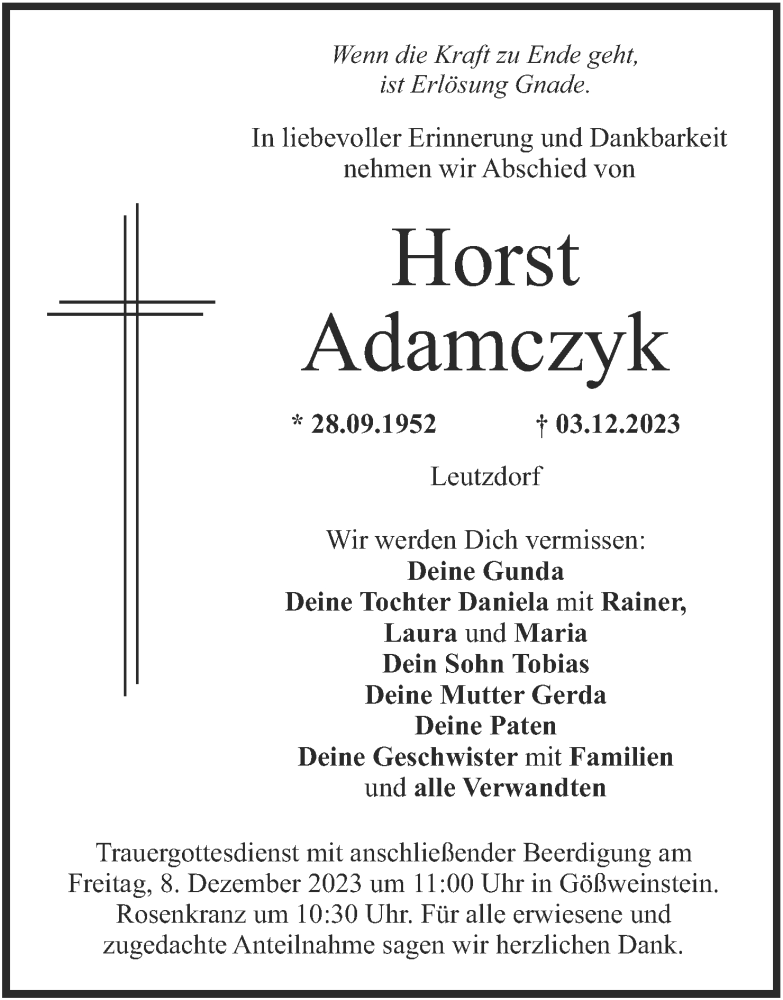  Traueranzeige für Horst Adamczyk vom 06.12.2023 aus MGO