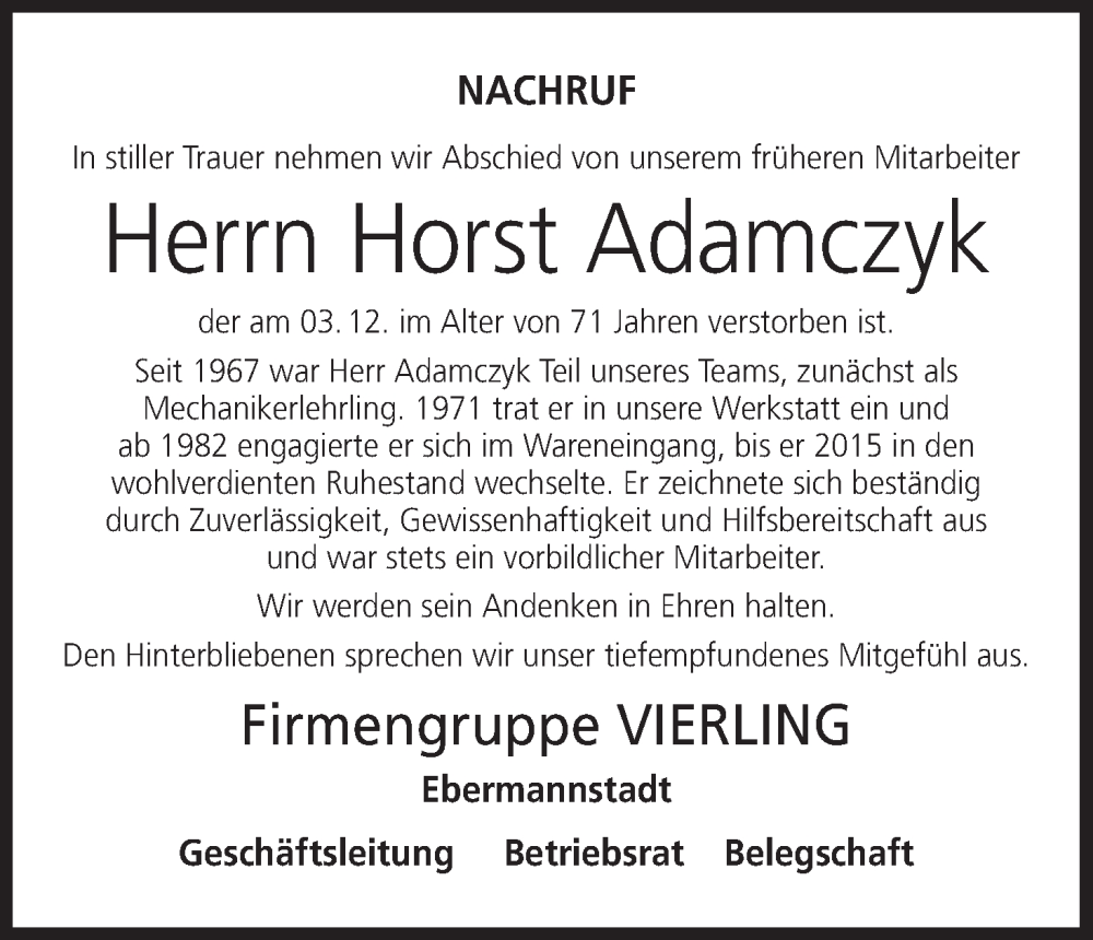  Traueranzeige für Horst Adamczyk vom 08.12.2023 aus MGO