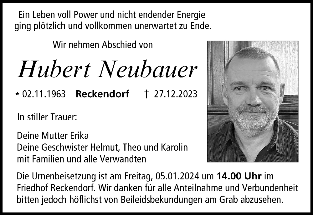  Traueranzeige für Hubert Neubauer vom 30.12.2023 aus MGO