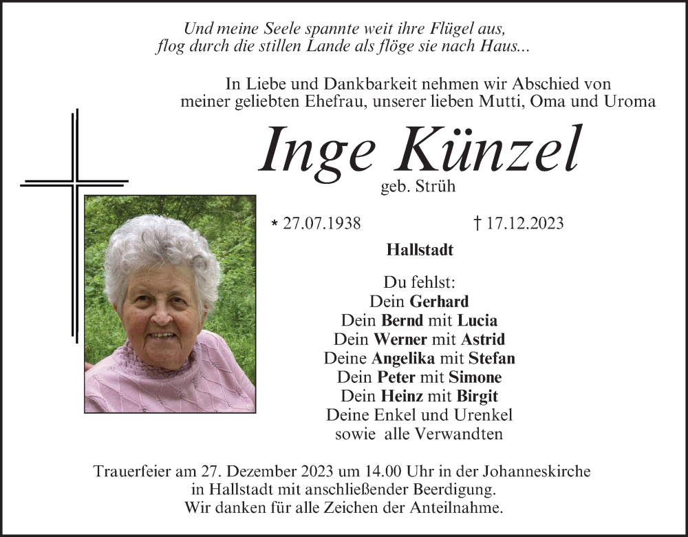  Traueranzeige für Inge Künzel vom 23.12.2023 aus MGO