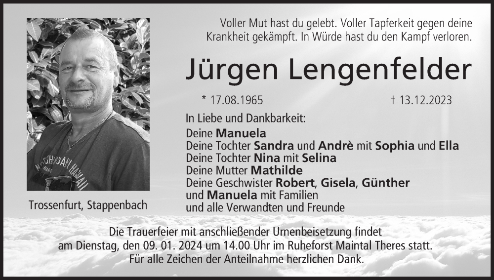  Traueranzeige für Jürgen Lengenfelder vom 30.12.2023 aus MGO