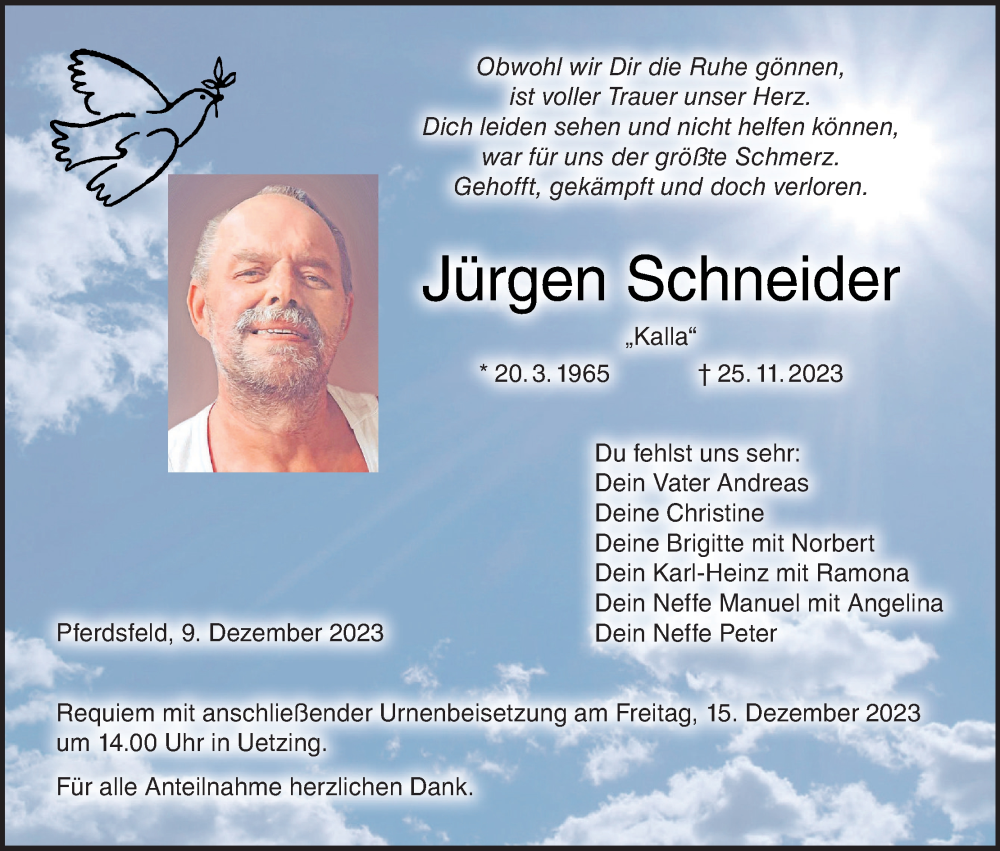  Traueranzeige für Jürgen Schneider vom 09.12.2023 aus MGO