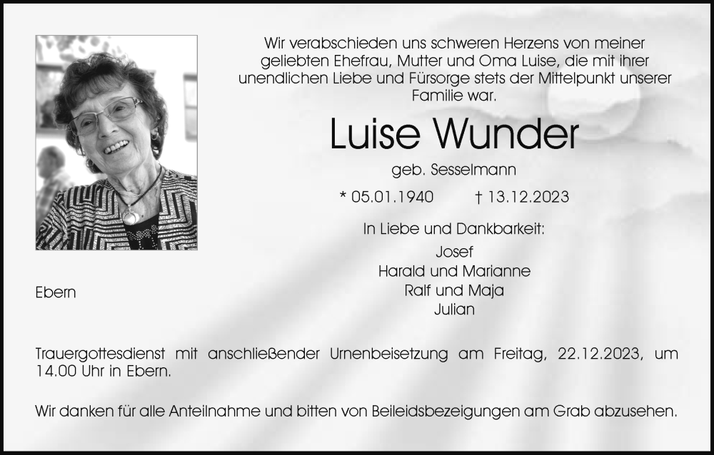  Traueranzeige für Luise Wunder vom 20.12.2023 aus MGO