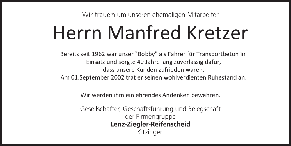 Traueranzeige für Manfred Kretzer vom 15.12.2023 aus MGO
