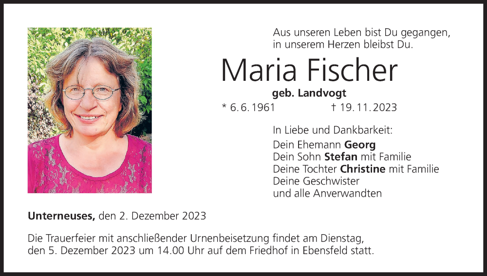  Traueranzeige für Maria Fischer vom 02.12.2023 aus MGO