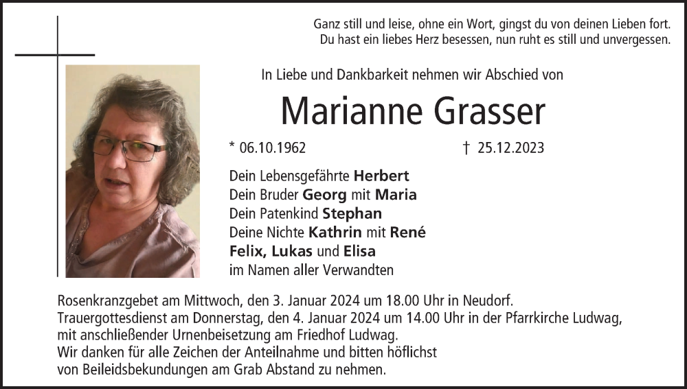  Traueranzeige für Marianne Grasser vom 30.12.2023 aus MGO