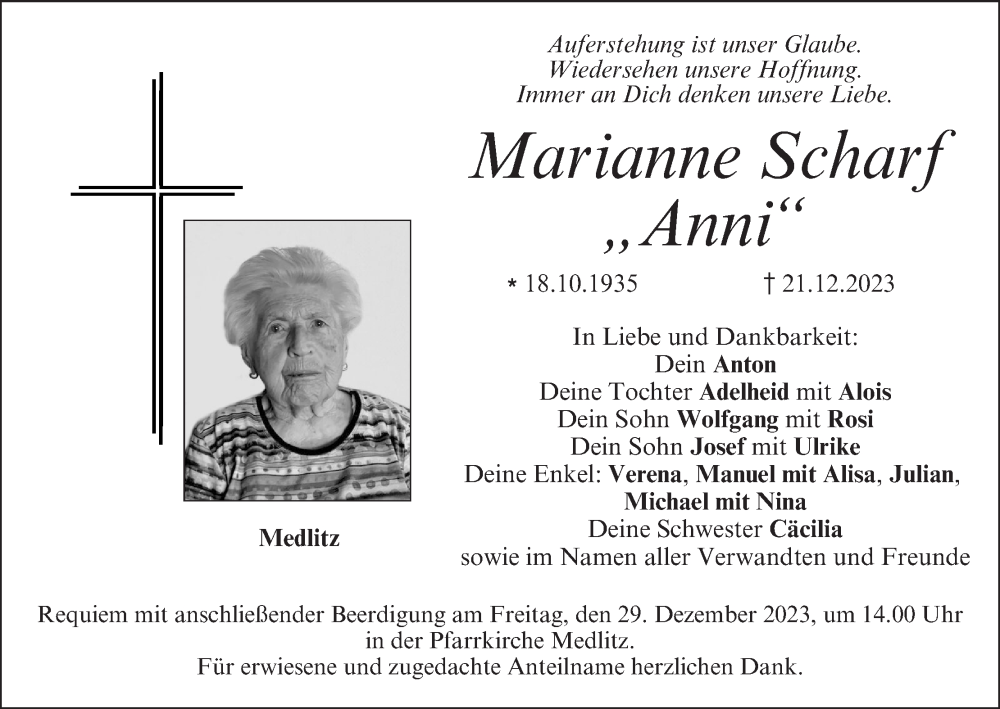  Traueranzeige für Marianne Scharf vom 27.12.2023 aus MGO