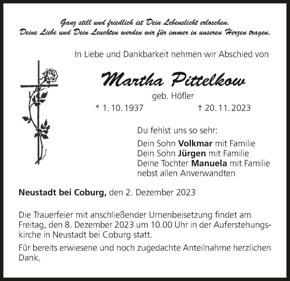  Traueranzeige für Martha Pittelkow vom 02.12.2023 aus MGO