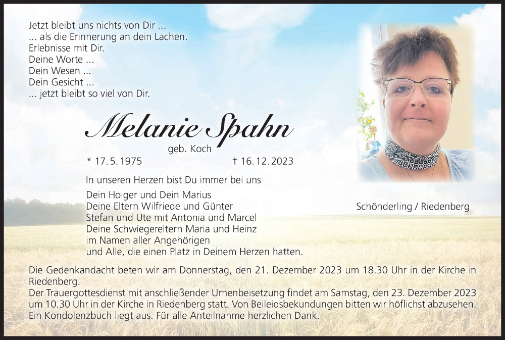  Traueranzeige für Melanie Spahn vom 20.12.2023 aus MGO