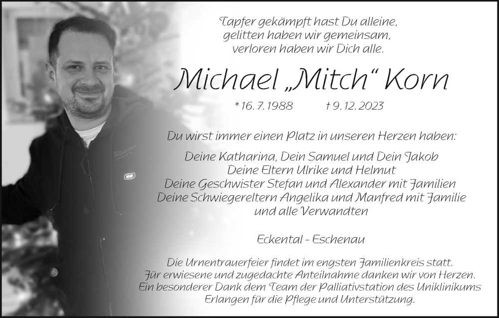  Traueranzeige für Michael  Korn vom 16.12.2023 aus MGO