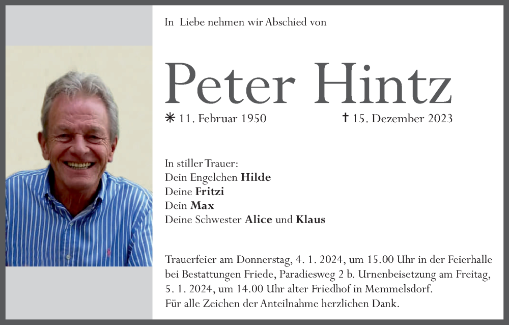 Traueranzeige für Peter Hintz vom 30.12.2023 aus MGO