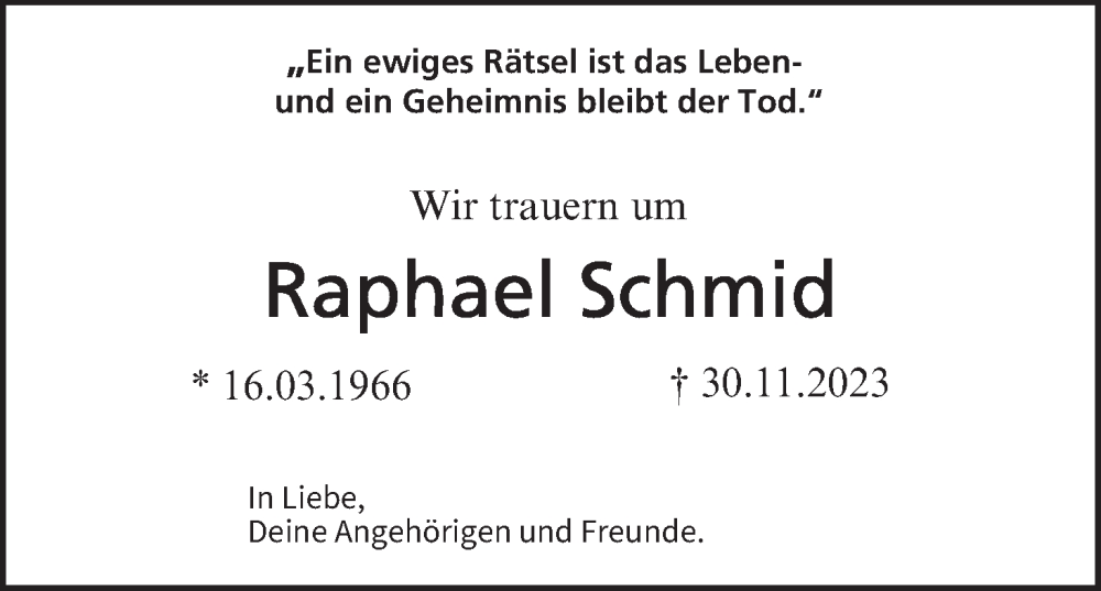  Traueranzeige für Raphael Schmid vom 16.12.2023 aus MGO