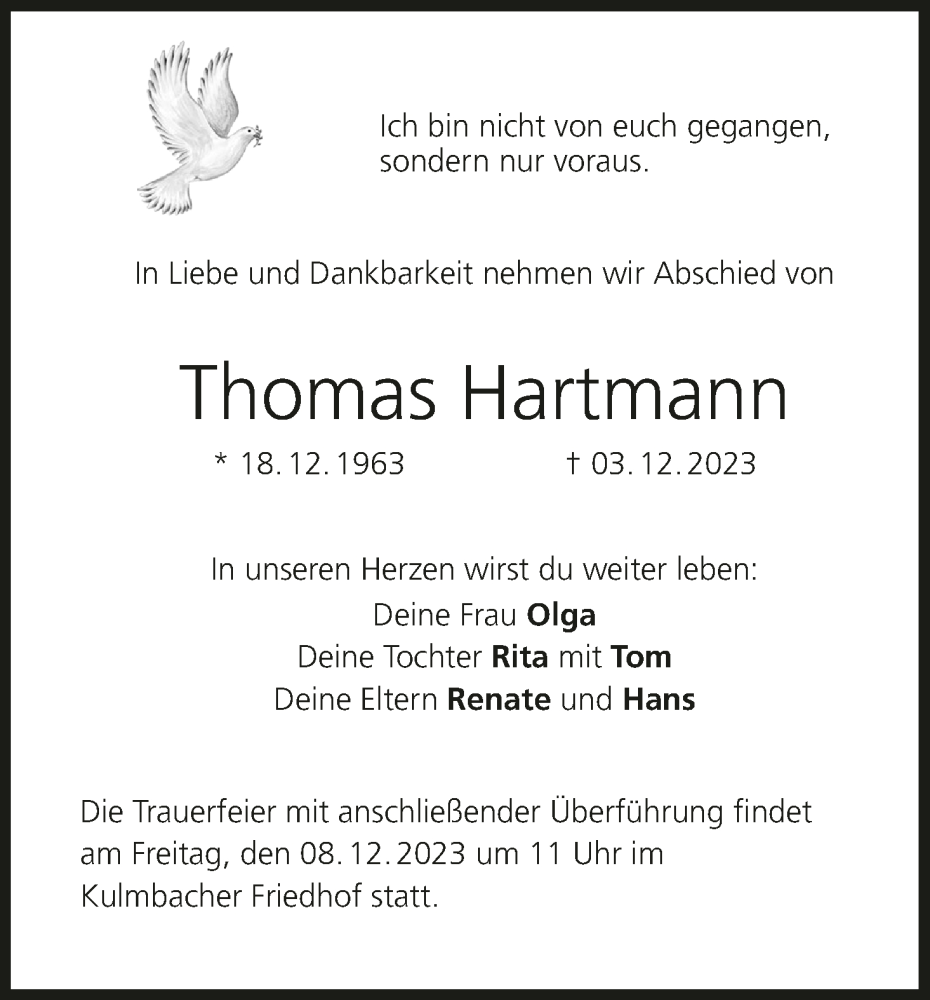  Traueranzeige für Thomas Hartmann vom 06.12.2023 aus MGO