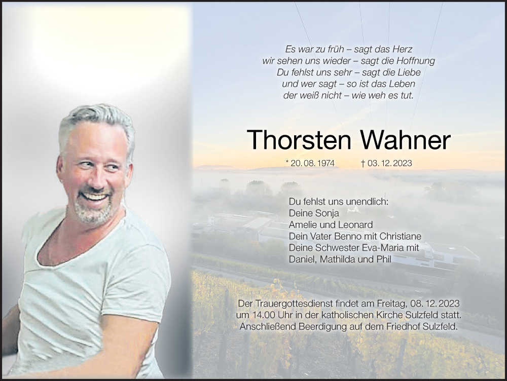  Traueranzeige für Thorsten Wahner vom 06.12.2023 aus MGO