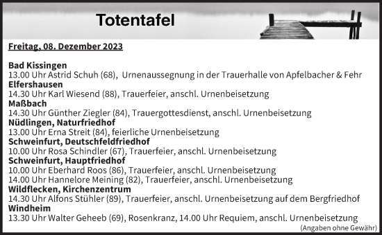 Anzeige von Totentafel vom 08.12.2023 von MGO