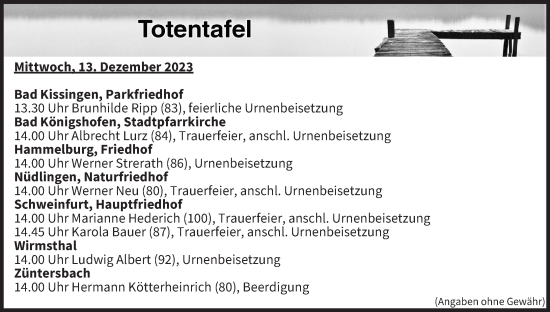 Anzeige von Totentafel vom 13.12.2023 von MGO
