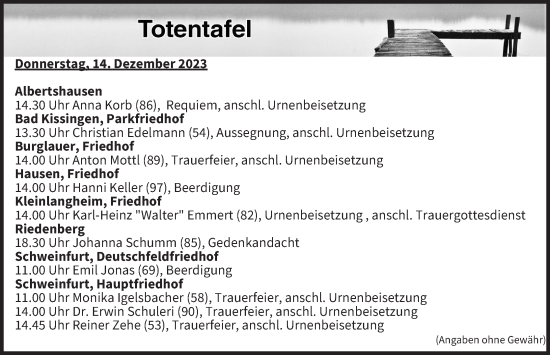 Anzeige von Totentafel vom 14.12.2023 von MGO